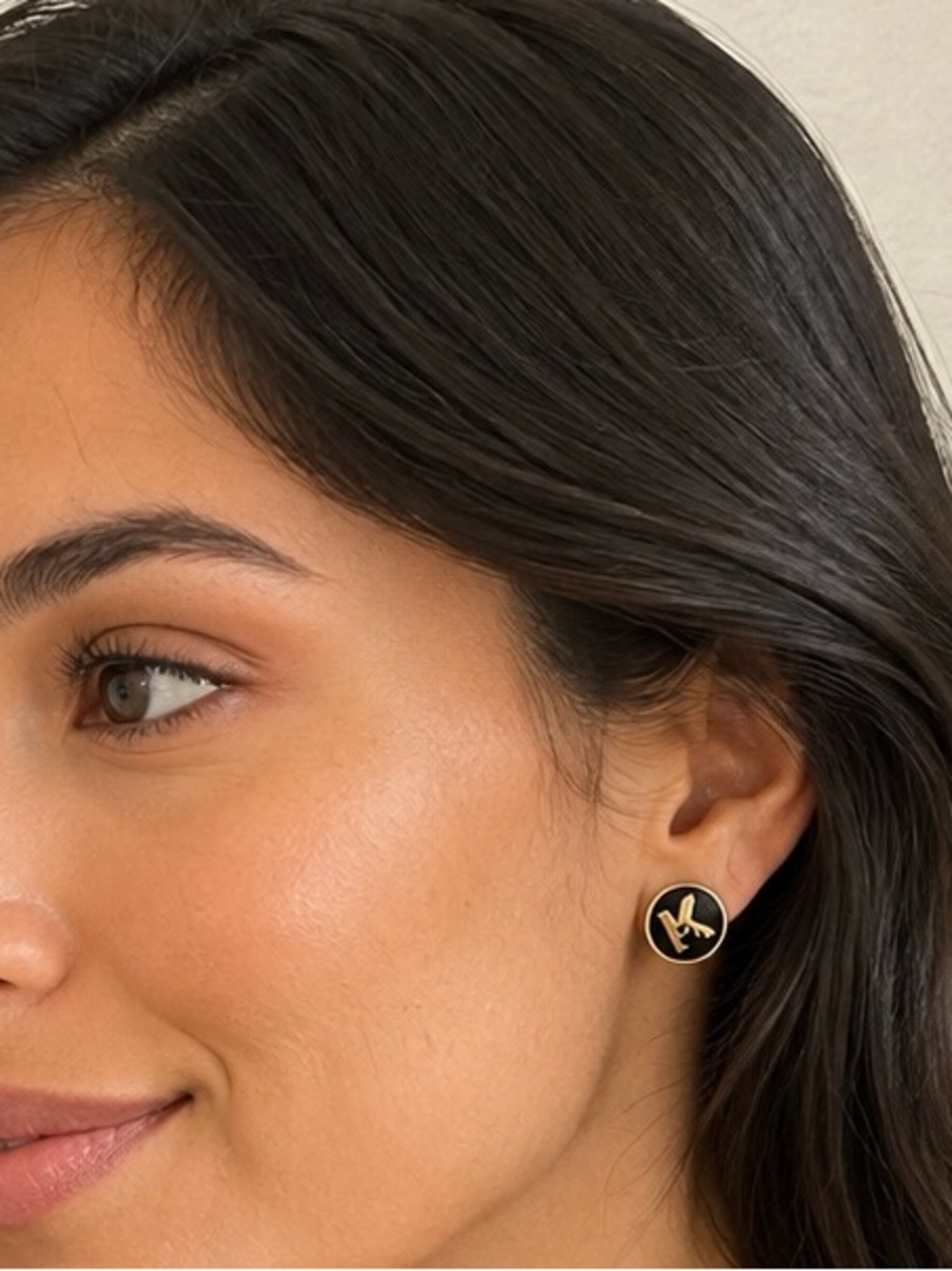 Karl Lagerfeld Black and Gold MK Round Logo Stud Earrings